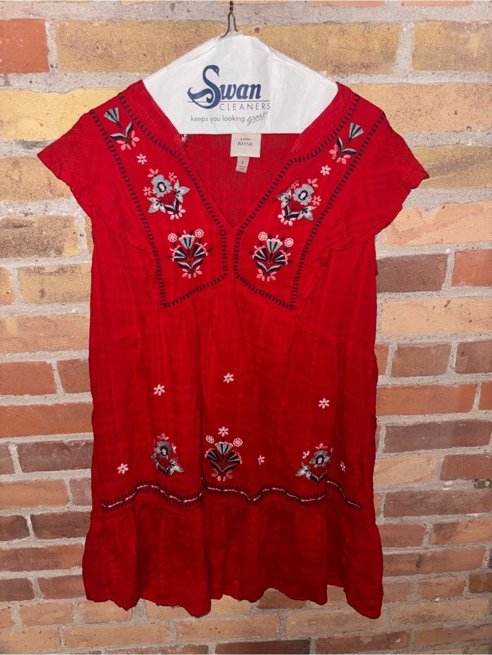 Knox Rose Red Floral Embroidered V-Neck Boho Babydoll Mini Dress